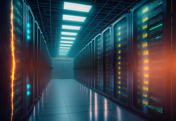 Fototapeta premium Illuminated digital data center interior. Dramatic lighting, powerful computing potential. Perfect for graphic design or emotion-evoking projects.