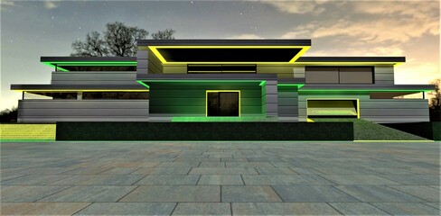 Night front view of the eco-friendly house with LED illumination in yellow and green. Glowing staircase, stylish porch, and entrance to the garage. 3d rendering.
