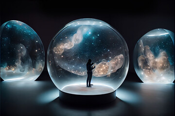 Galaxy inside snow globe with person silhouette