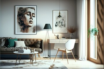Stylish scandinavian living room with design furniture, plants, bamboo book stand and wooden desk. Brown wooden parquet. Abstract painting on the white wall. Nice apartment.
