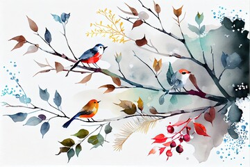 Birds perched on branches. Watercolor background on white.