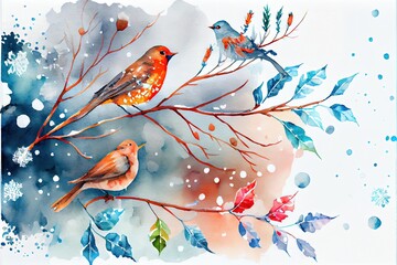 Birds on branches with snowflakes falling. Background Christmas illustration