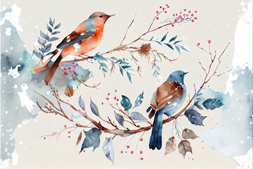 Birds on branches watercolor background Christmas illustration on white.