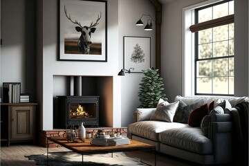 Modern design interior farmhouse living room with sofa and fireplace