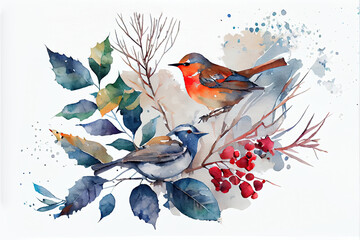 Wild outdoor birds on thin branches watercolor illustration on white background.
