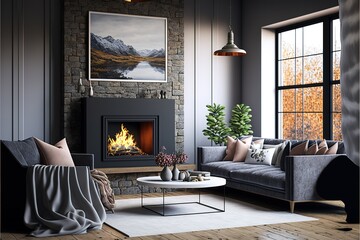 Modern design interior farmhouse living room with sofa and fireplace