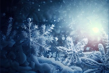 Winter background with snowflakes and snow on plants
