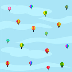 flying balloons in the sky with cloudy blue background. Vector illustration
