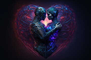 Obraz premium futuristic couple in a romantic embrace, surrounded by a colorful digital heart display, generative ai
