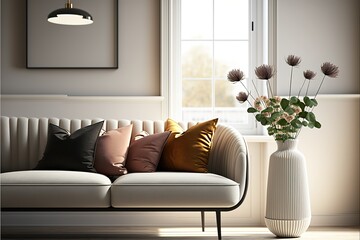 View of modern scandinavian style interior with sofa and trendy vase, Home staging and minimalism concept