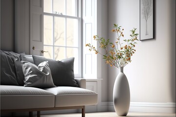 View of modern scandinavian style interior with sofa and trendy vase, Home staging and minimalism concept