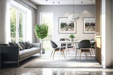 Modern interior of apartment, dining room with table and chairs, living room with sofa, hall, panorama