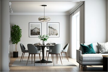 Modern interior of apartment, dining room with table and chairs, living room with sofa, hall, panorama - obrazy, fototapety, plakaty