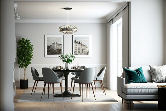 Modern interior of apartment, dining room with table and chairs, living room with sofa, hall, panorama