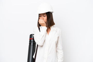 Young architect woman with helmet and holding blueprints isolated on white background having doubts