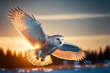 A beautiful flying snow owl in a winter Nordic environment.