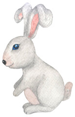 Obraz na płótnie Canvas Watercolor gray rabbit, year of the rabbit, easter bunny with blue eyes