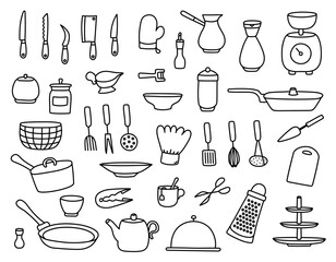 Set of linear hand drawn doodle kitchenware on white background. Outline freehand kitchen utensils, appliances for cooking. Cute simple cartoon icons of cutlery
