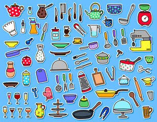 Set of flat colorful hand drawn stickers with kitchenware. Outline freehand labels with kitchen utensils, appliances for cooking. Cute doodle patches with cutlery. Badges with cartoon cooking tools