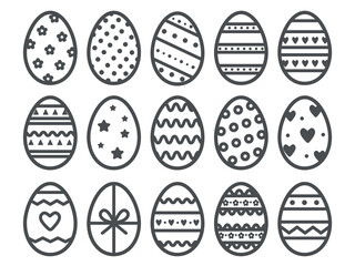 Collection of Easter eggs,15 different ornaments, 
eggs set icon vector illustration in bold line style isolated on white background. Hand drawn black and white easter print for coloring page, banners