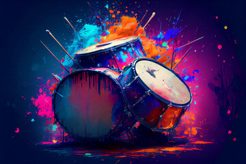 Vibrant Drum Set: A Painted Style Illustration of Drums and Drumsticks with Brushstrokes and Vibrant Colors for Music, Percussion, and Rock Band Enthusiasts