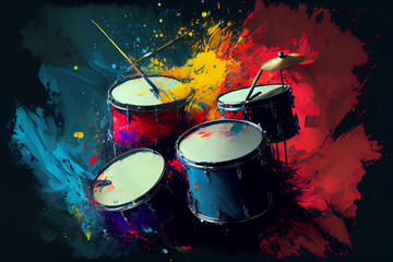 Vibrant Drum Set: A Painted Style Illustration of Drums and Drumsticks with Brushstrokes and Vibrant Colors for Music, Percussion, and Rock Band Enthusiasts