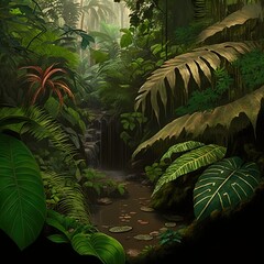 A dense tropical rainforest.	