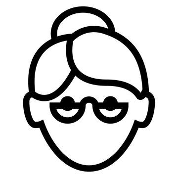 Icono avatar. Silueta aislada de cabeza de mujer mayor con peinado con moño y gafas