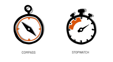 compass - stopwatch, hand drawn vector illustration/drawing, sketch style, icon, logo, isolated on white background