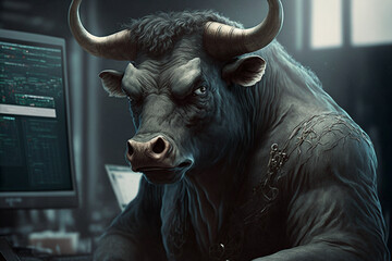 bull looking sideways using computer generative ai