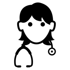 Logo asistencia sanitaria en hospital médico o clínica. Icono avatar enfermera o doctora. Silueta aislada de cabeza de mujer con estetoscopio