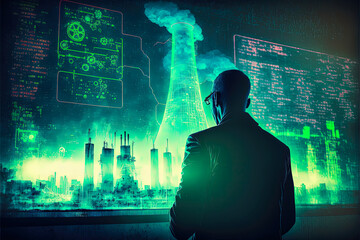 A nuclear engineer silhouetted against a digital image of future nuclear power plants. Stable and safe power source, secure energy.