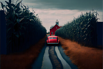 A Single Loney Red Car on a Country Road: A Visually Stunning Cinematography Stock Photo of a Broken Down Car in a Corn Field