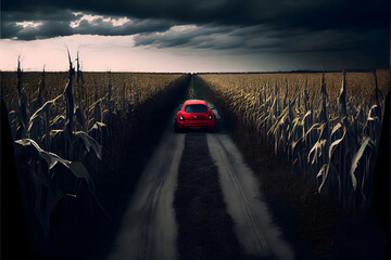 A Single Loney Red Car on a Country Road: A Visually Stunning Cinematography Stock Photo of a Broken Down Car in a Corn Field