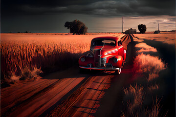 A Single Loney Red Car on a Country Road: A Visually Stunning Cinematography Stock Photo of a Broken Down Car in a Corn Field