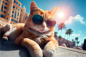 A cool cat decked out in trendy sunglasses. lazing about on the roof generative ai,  makes its way along the coast.