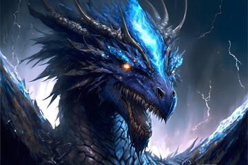 Blue Dragon in the cave, the lord of dragons, has good platinum scales, bright eyes, and is surrounded by dazzling blue and silver lights. generative ai