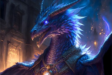 Blue Dragon in the cave, the lord of dragons, has good platinum scales, bright eyes, and is surrounded by dazzling blue and silver lights. generative ai