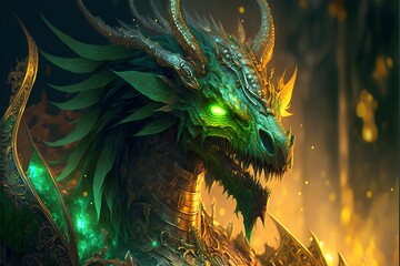 Green Dragon in the cave, the lord of dragons, has good platinum scales, bright eyes, and is surrounded by dazzling gold and green lights. generative ai