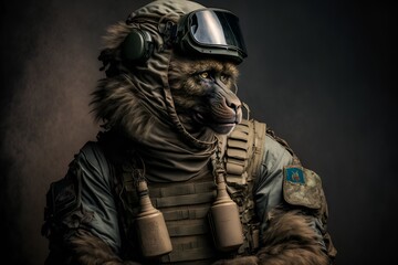 Portrait of a Baboon dressed in a military uniform , generative ai