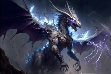Sliver Thunder Dragon, the lord of dragons, has good platinum scales, bright red eyes, and is surrounded by dazzling sliver lights and thunder. generative ai - obrazy, fototapety, plakaty