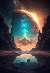 Fotobehang Surreal sci-fi landscape at night with mountains, stars and planet. Abstract space background.   Digitally generated AI image. © 0livia