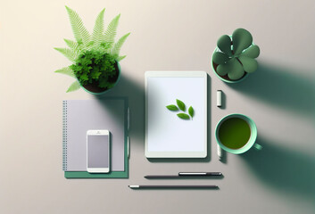 Illustration grüner Schreibtisch, Umweltbewusstsein, Generative AI