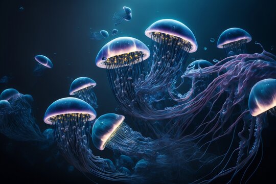 banc de méduses évoluant sous l'océan - illustration ia