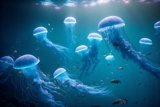 banc de méduses évoluant sous l'océan - illustration ia