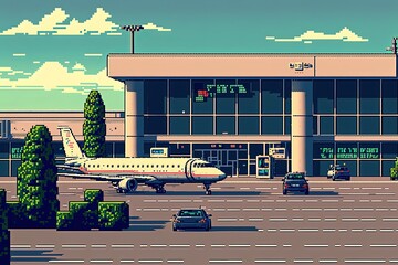 Pixel art airport with airplane, background in retro style for 8 bit game, Generative AI