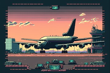 Pixel art airport with airplane, background in retro style for 8 bit game, Generative AI