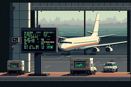 Pixel art airport with airplane, background in retro style for 8 bit game, Generative AI