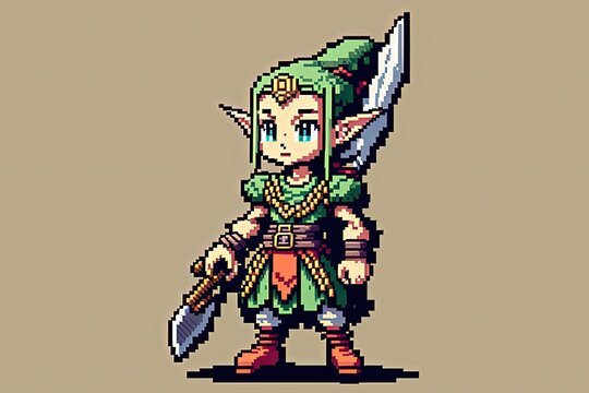 Pixel art character of elf for RPG game, character in retro style for 8 bit game
