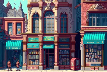 Fototapeta premium Pixel art shops in european shopping street, old european shops, background in retro style for 8 bit game, Generative AI 